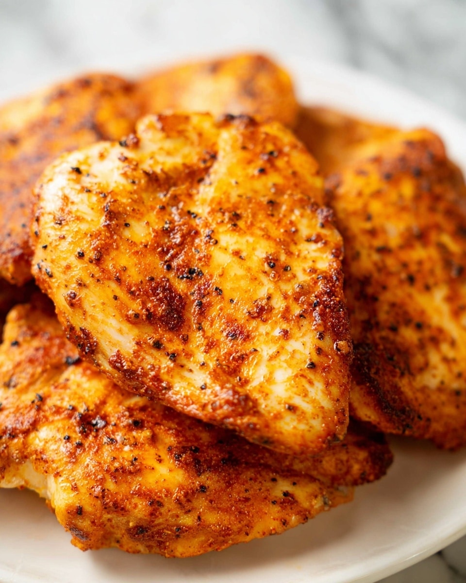 The image shows a close-up of several pieces of cooked chicken on a white plate. The chicken has a golden-brown color with a mix of darker and lighter orange and reddish tones from the spices on the surface. The texture looks slightly crispy with visible small pepper and seasoning specks scattered all over. The pieces are stacked on top of each other with some parts catching light, making them look shiny and juicy. The background is a white marbled texture. photo taken with an iphone --ar 4:5 --v 7