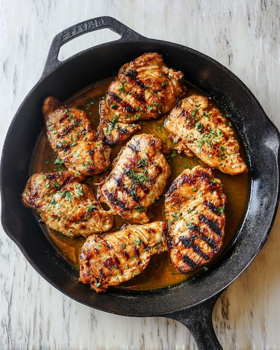 A black cast iron pan with a handle holds six cooked chicken pieces in different sizes and shapes. The chicken is golden brown with grill marks and is seasoned with a sprinkle of green herbs on top. The pieces sit in a thin layer of golden-brown liquid, giving a moist appearance. The pan rests on a white marbled surface. photo taken with an iphone --ar 4:5 --v 7