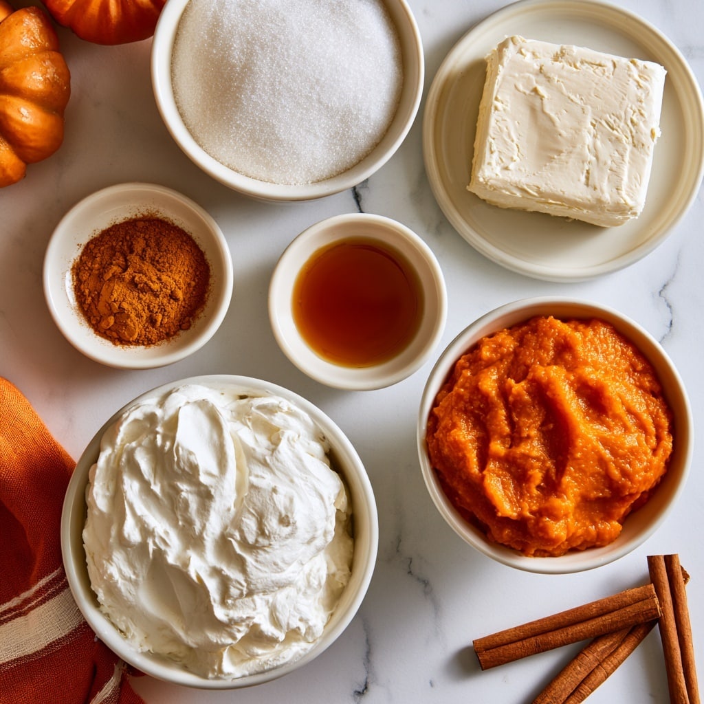 The image shows six white bowls placed on a white marbled surface with different ingredients inside. On the top left is a bowl filled with white sugar, next to it on the right is a plate holding a block of smooth cream cheese. Below the sugar is a small bowl with a mix of pumpkin pie spice and cinnamon in a warm orange-brown color. To the right of that is a small bowl containing amber-brown vanilla liquid. At the bottom left, there is a large bowl full of white creamy Cool Whip. To the right of that is a bowl filled with bright orange pumpkin puree, which has a slightly chunky texture. There are also three cinnamon sticks placed diagonally near the bottom right, and an orange cloth with white stripes is partially visible on the bottom left corner. Some small pumpkins are visible at the top left corner. photo taken with an iphone --ar 4:5 --v 7