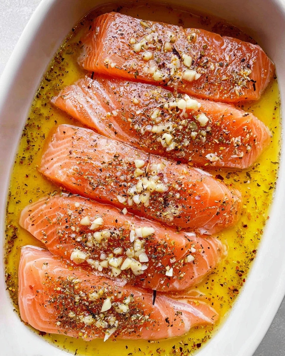 The image shows four pieces of raw salmon fillets arranged side by side in a white dish. The salmon is a bright pinkish-orange color with smooth, shiny texture. On top of the salmon are small chopped pieces of garlic scattered across the fillets. The fish is covered in a yellowish marinade or oil that fills the bottom of the dish, creating a glossy surface around the salmon. The fillets are sprinkled with black pepper and dried herbs, adding small dark specks to the top. The dish sits on a white marbled textured surface. photo taken with an iphone --ar 4:5 --v 7