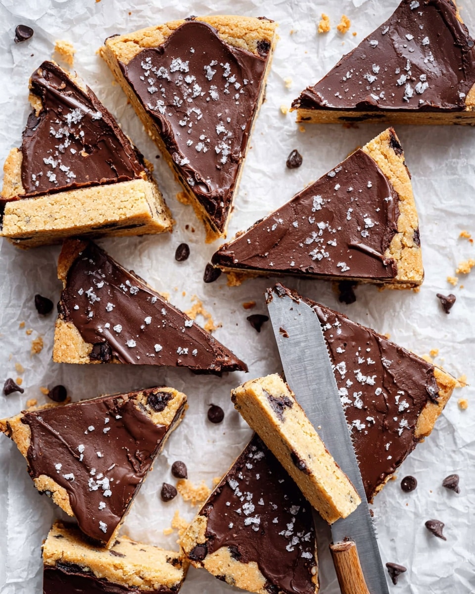 A stack of five square chocolate chip cookie bars is centered on a white marbled surface, each bar showing two layers: a thick light golden cookie dough base studded with dark chocolate chips, topped with a thin, smooth layer of dark chocolate. Around the stack are scattered more cookie bars and chunks of the same dessert, some with a sprinkling of coarse salt on the chocolate layer, adding texture contrast. The background is a soft beige color, and the photo is closely focused on the bars, highlighting their slightly crumbly texture and rich chocolate topping. Photo taken with an iphone --ar 4:5 --v 7