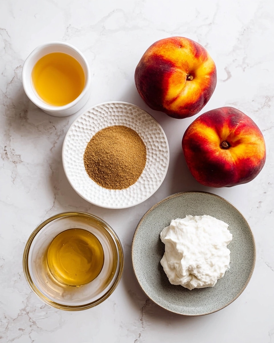The image shows six ingredients arranged on a white marbled surface: two whole peaches with red and yellow skin at the top right, a small white bowl with light brown sugar at the bottom left, a clear glass cup of melted butter at the top left, a small white patterned plate with a round pile of ground cinnamon in the center above the sugar, and a gray ceramic plate at the bottom right holding a white scoop of thick cream or yogurt. The colors range from deep red and orange in the peaches to light brown, white, and yellow among the bowls and ingredients, all neatly placed in a clean, bright setting. photo taken with an iphone --ar 4:5 --v 7