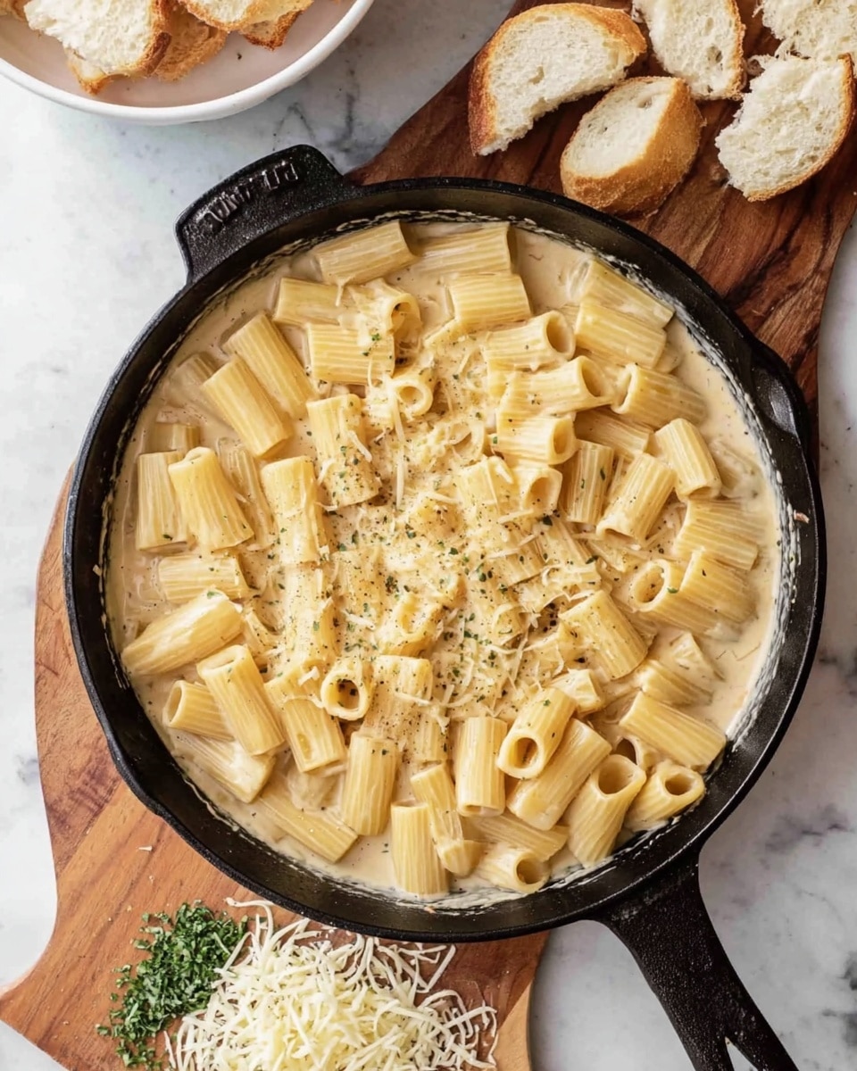 A black cast iron pan filled with a creamy beige sauce, topped with a layer of short tube-shaped pasta pieces that are pale yellow, arranged in a slightly uneven single layer covering the sauce. The pan is placed on a two-tone wooden board on a white marbled surface. To the top left of the pan, there is a white bowl holding pieces of torn bread, and near the bottom left corner, small pieces of shredded cheese and chopped herbs are scattered on a wooden board and the white marbled surface. photo taken with an iphone --ar 4:5 --v 7
