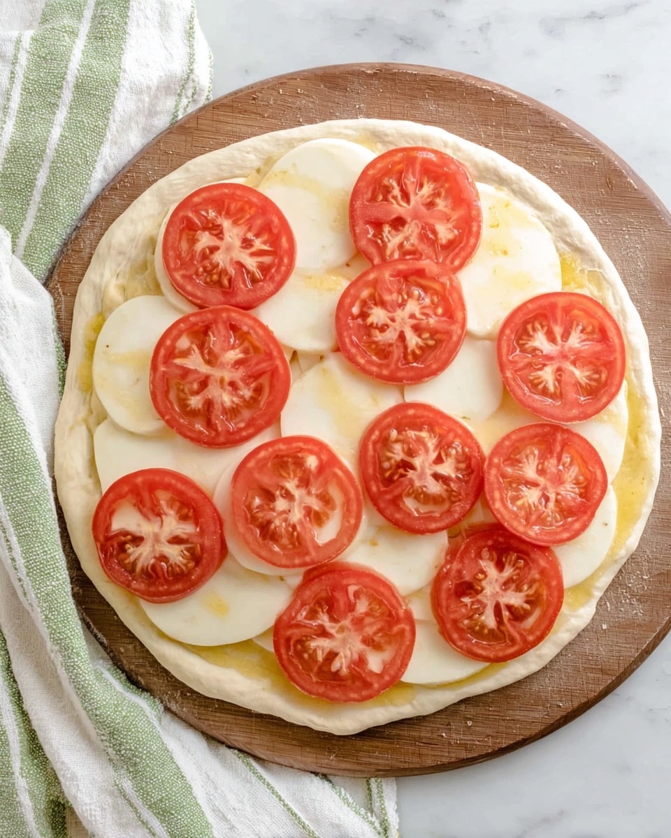 A round uncooked pizza dough base with a pale cream color sits on a brown wooden board, which is on top of a white marbled surface with a green and white striped cloth beside it. The dough has a thin layer of light yellow oil spread on top. Over the oil, there are several slices of white cheese evenly placed, and on top of the cheese, thin, round red tomato slices cover the surface, showing the seeds and textured inside of the tomatoes clearly. The layers are simple but vibrant with cream, white, light yellow, and red tones photo taken with an iphone --ar 4:5 --v 7