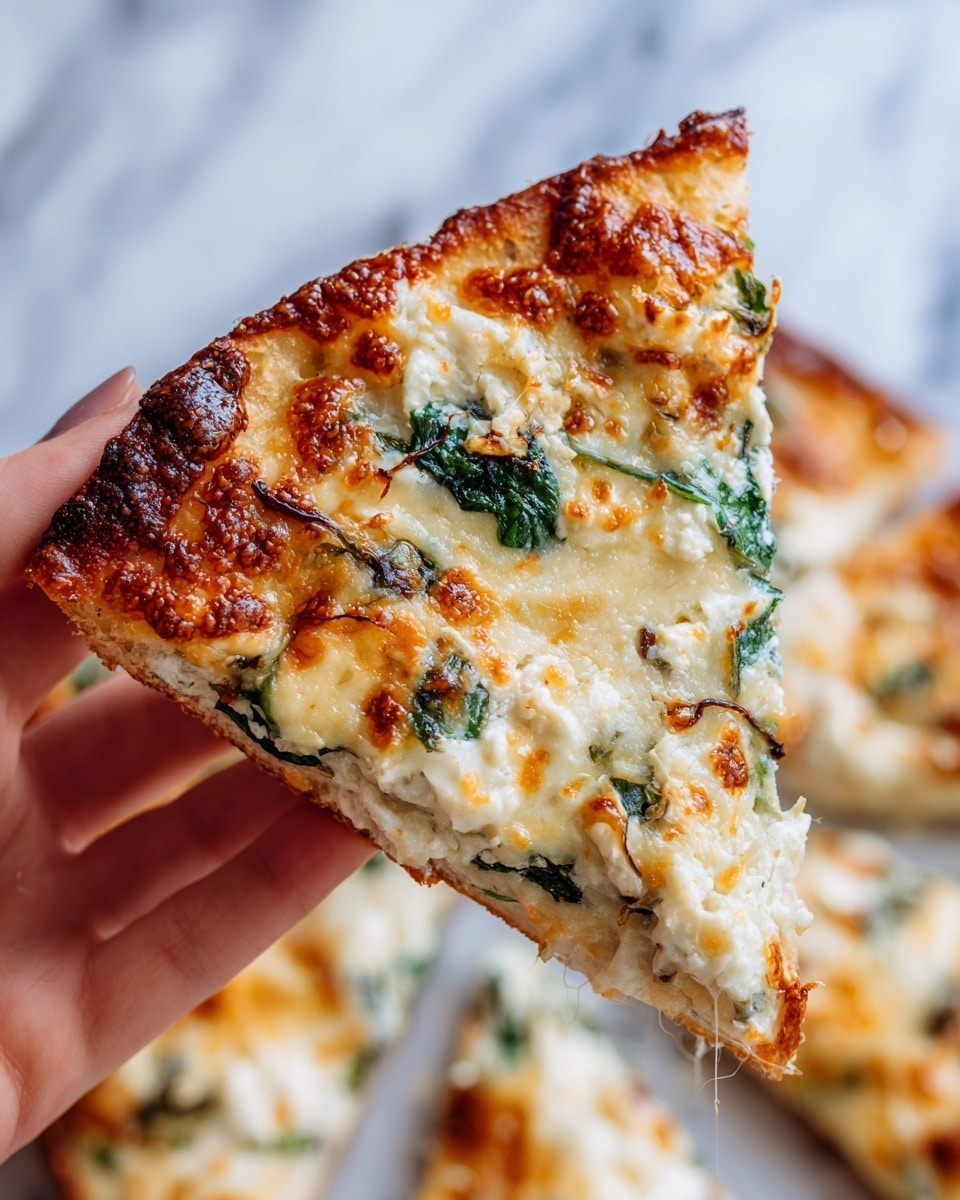 A close-up of a single slice of pizza held by a woman's hand, showing three main layers: the top crispy, browned cheese layer with a mix of golden and light brown colors; the middle white ricotta cheese layer with a soft texture scattered with green spinach leaves; and the bottom browned crust with a dark toasted edge. Some fine crumbs of cheese and browned bits are visible on the surface, with melted cheese strings around the edges. The background is blurred with hints of other pizza slices on a white marbled texture. Photo taken with an iphone --ar 4:5 --v 7