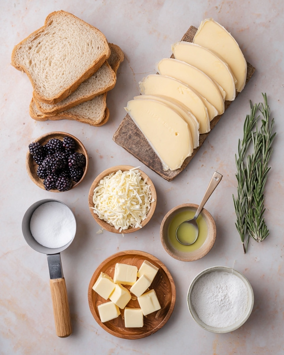 A flat lay image shows several ingredients placed on a white marbled surface: multiple slices of light brown bread are stacked in the bottom left corner, next to a metal measuring cup with a wooden handle filled with white granulated sugar. Above is a small wooden board holding seven pale yellow cheese slices arranged in a neat fan shape. Three small bowls made of light wood hold blackberries on the left, white crumbled cheese in the middle, and shredded pale yellow cheese on the right. To the right of the cheese slices are two green rosemary stalks. Below rosemary is a small round wooden plate with seven cubes of pale yellow butter. A metal measuring spoon with a wooden handle containing light green liquid is placed pointing downwards near the bread. Near the bottom right corner is a small white ceramic dish with more white granulated sugar. Photo taken with an iphone --ar 4:5 --v 7