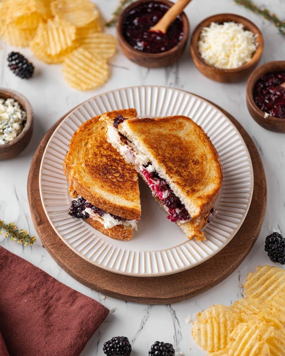 The image shows a toasted sandwich on a white ribbed plate, placed on a wooden round board. The sandwich is cut into two halves, revealing three layers inside: the bottom toasted bread is golden brown and slightly crisp, the middle layer is creamy white cheese with a soft texture, and the top layer consists of dark purple, glossy berry jam with visible whole berries. Around the plate, there are four small wooden bowls containing white crumbly cheese, shredded white cheese, dark red berry jam with a wooden spoon, and golden crinkle-cut chips. The setting is on a white marbled surface with a few fresh blackberries and a brown cloth napkin at the edges. Photo taken with an iphone --ar 4:5 --v 7