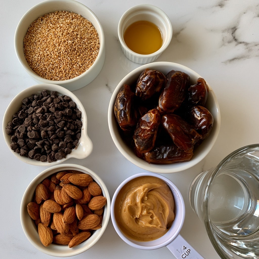 The image shows six white bowls and small containers placed on a white marbled surface, each holding different ingredients. Starting from the top, a round white bowl contains light brown wheat germ with a coarse texture. To its right, a small white ramekin holds a smooth golden-yellow vanilla extract. Below these, a larger white bowl is filled with shiny dark brown pitted dates. On the left, there is a white bowl with a small handle filled with small, dark semi-sweet chocolate chips. Below that, another white bowl holds whole, raw almonds in a warm brown shade with a slightly rough texture. To the right of the almonds, a white measuring cup marked 1/4 cup contains creamy almond butter in a light brown color with a smooth surface. At the bottom right corner, a clear glass cup contains water, showing transparency and reflections. All items are neatly arranged with visible labels identifying each ingredient. photo taken with an iphone --ar 4:5 --v 7