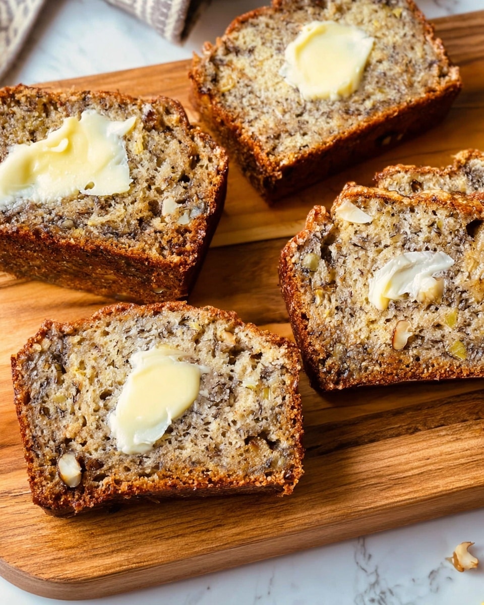 Four slices of toasted brown banana bread are placed on a wooden cutting board over a white marbled surface. The bread has a rough crust and soft, moist center with bits of banana and nuts visible. Three of the slices are in the foreground, each topped with a spread of pale yellow melted butter, while one slice without butter is in the background next to three more slices also plain. The bread slices are arranged irregularly, showing their textured edges and soft crumb inside. Photo taken with an iphone --ar 4:5 --v 7