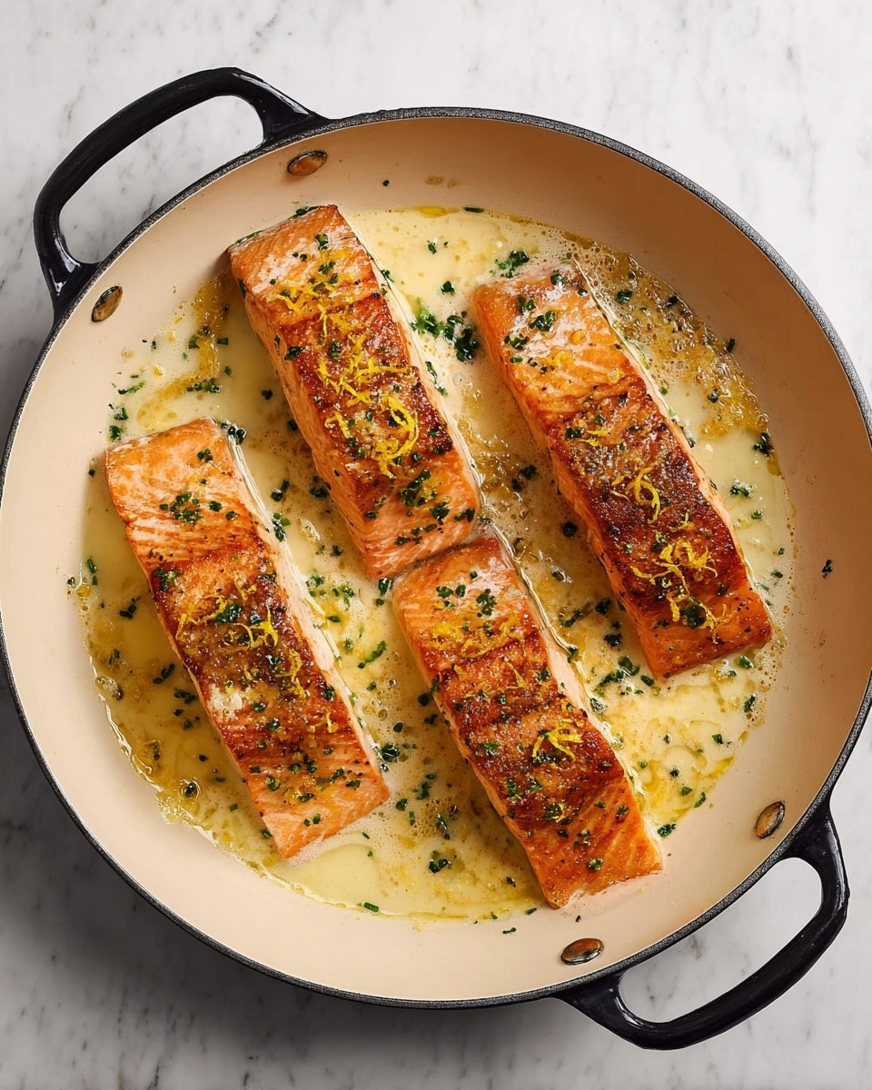 Four pieces of cooked salmon are in a round pan with two black handles. The salmon pieces have a light golden brown color on top with a slightly crispy texture. They are arranged close to each other in the pan, laying flat. The pan’s inside is cream-colored. There is a light sauce around the salmon, with tiny green herbs sprinkled on top and some small bits of lemon zest. The background is a white marbled surface. photo taken with an iphone --ar 4:5 --v 7