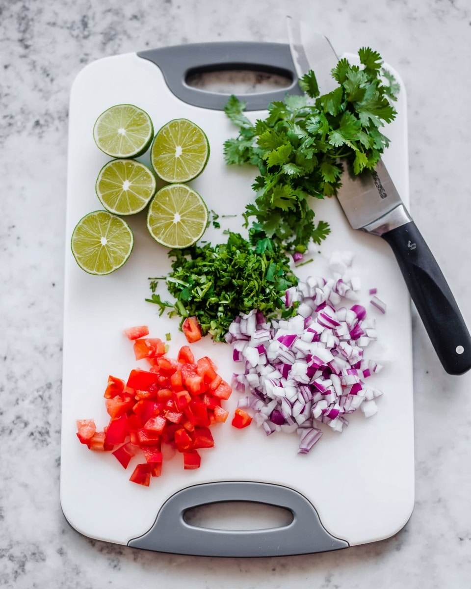 A white cutting board with grey handles sits on a white marbled surface. On the board, from left to right, there are four lime wedges with a bright green color and fresh texture. Next to the limes is a small bunch of fresh green cilantro with leafy stems. Toward the center-right are several small, chopped pieces of red tomatoes showing a juicy texture. On the far right, there are finely chopped pieces of purple and white onion, and a black-handled knife lies diagonally above them on the cutting board. Photo taken with an iphone --ar 4:5 --v 7