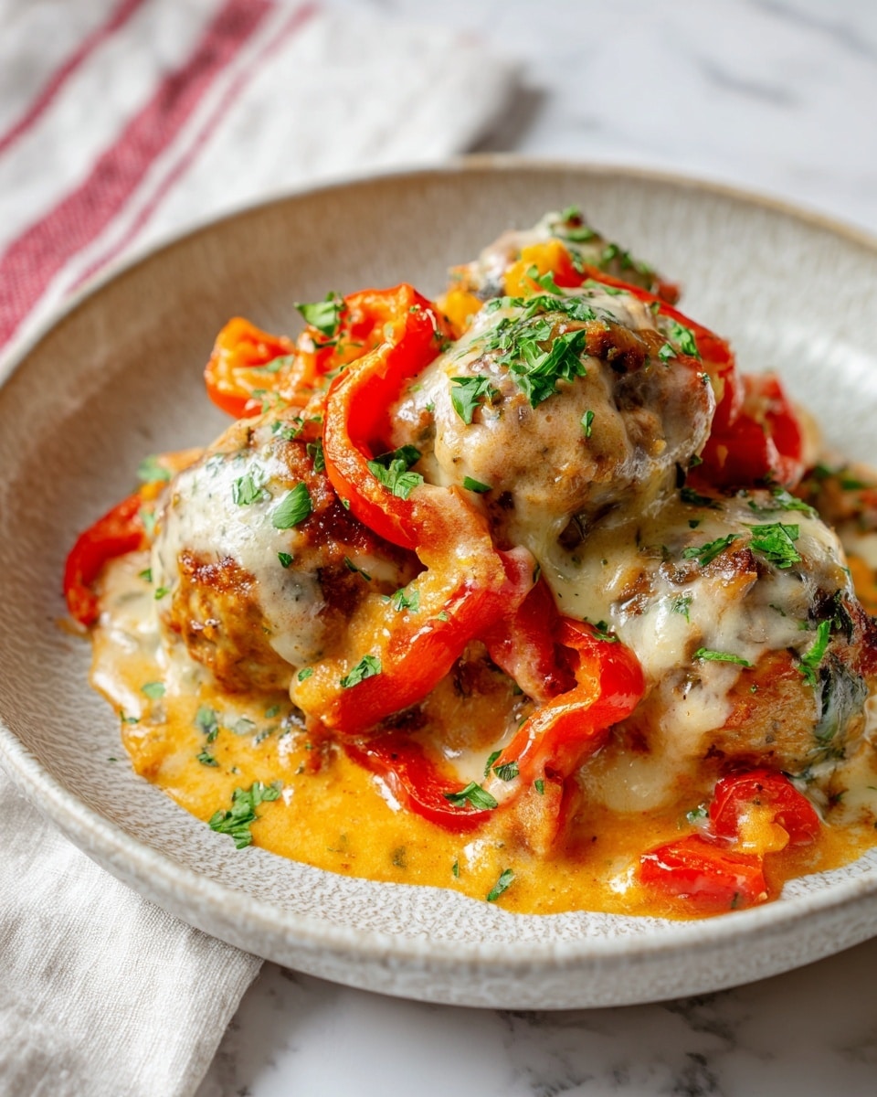 The dish is served on a white plate with a textured rim, placed on a white marbled surface. It features about ten round meatballs covered in a creamy, light orange sauce that looks smooth and thick. Mixed with the meatballs are soft slices of orange bell peppers and melted white cheese that creates thin strings stretching over the top. Small pieces of fresh green parsley are sprinkled on top, adding a bright contrast to the warm colors of the sauce, meatballs, and peppers. photo taken with an iphone --ar 4:5 --v 7