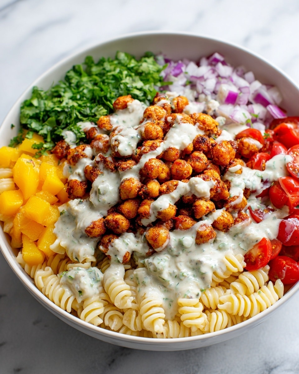 A white bowl filled with layers of food sits on a white marbled surface. The bottom layer is creamy spiral pasta, pale yellow in color with a soft texture. On top, there is a thick layer of crispy, golden-brown roasted chickpeas, coated in a creamy white sauce with green herb flecks. Around the chickpeas, there are four more sections: finely chopped green leafy cilantro, bright yellow diced mango, halved red cherry tomatoes with white sauce drizzled on them, and small bits of red onion. The bowl is full, colorful, and neatly arranged. Photo taken with an iphone --ar 4:5 --v 7