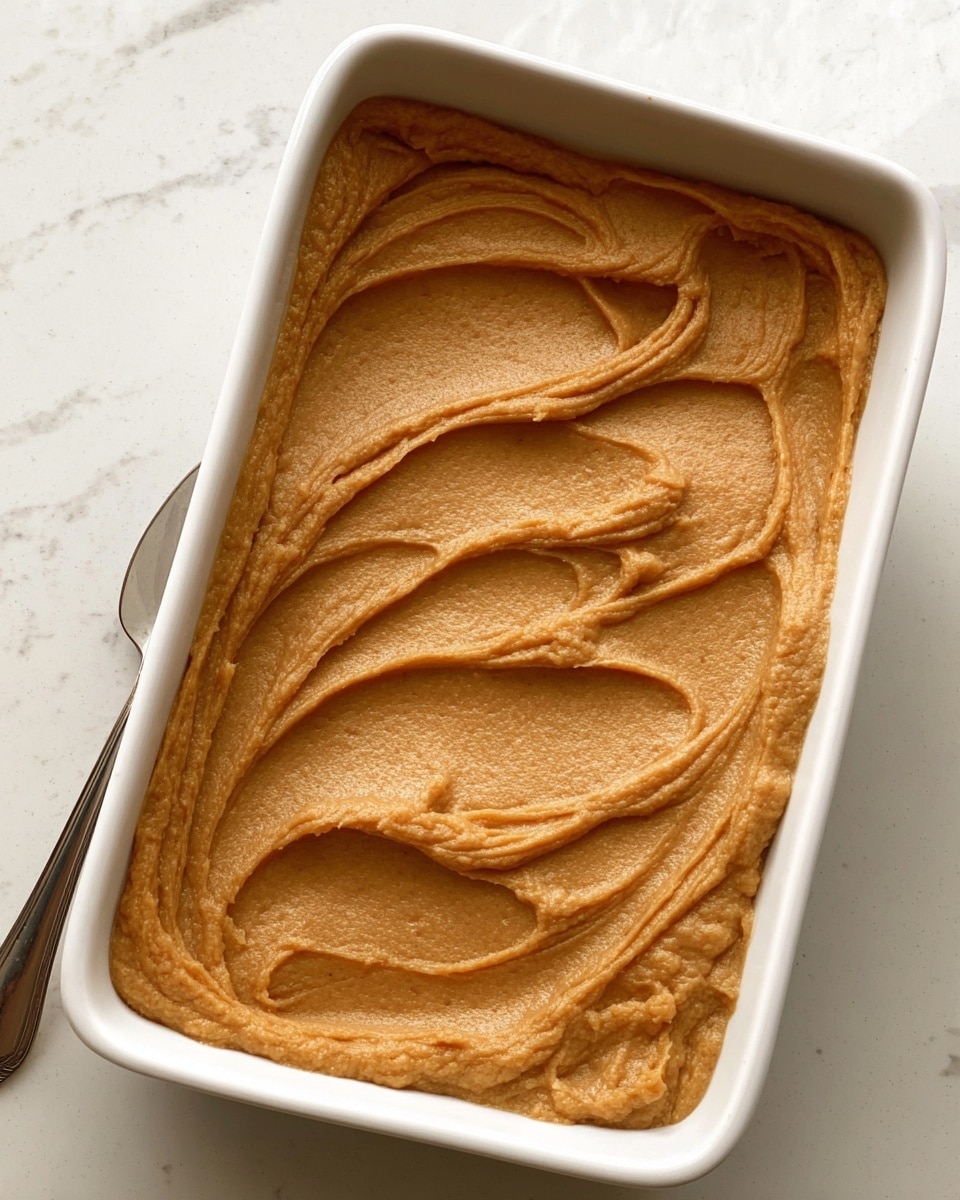 A white rectangular dish filled with a single thick layer of smooth, light brown puree that has a creamy texture with visible swirling patterns on the top surface, spread evenly to the edges of the dish, sitting on a white marbled surface, with a small part of a spoon and a woman's hand slightly visible at the bottom right corner, photo taken with an iphone --ar 4:5 --v 7