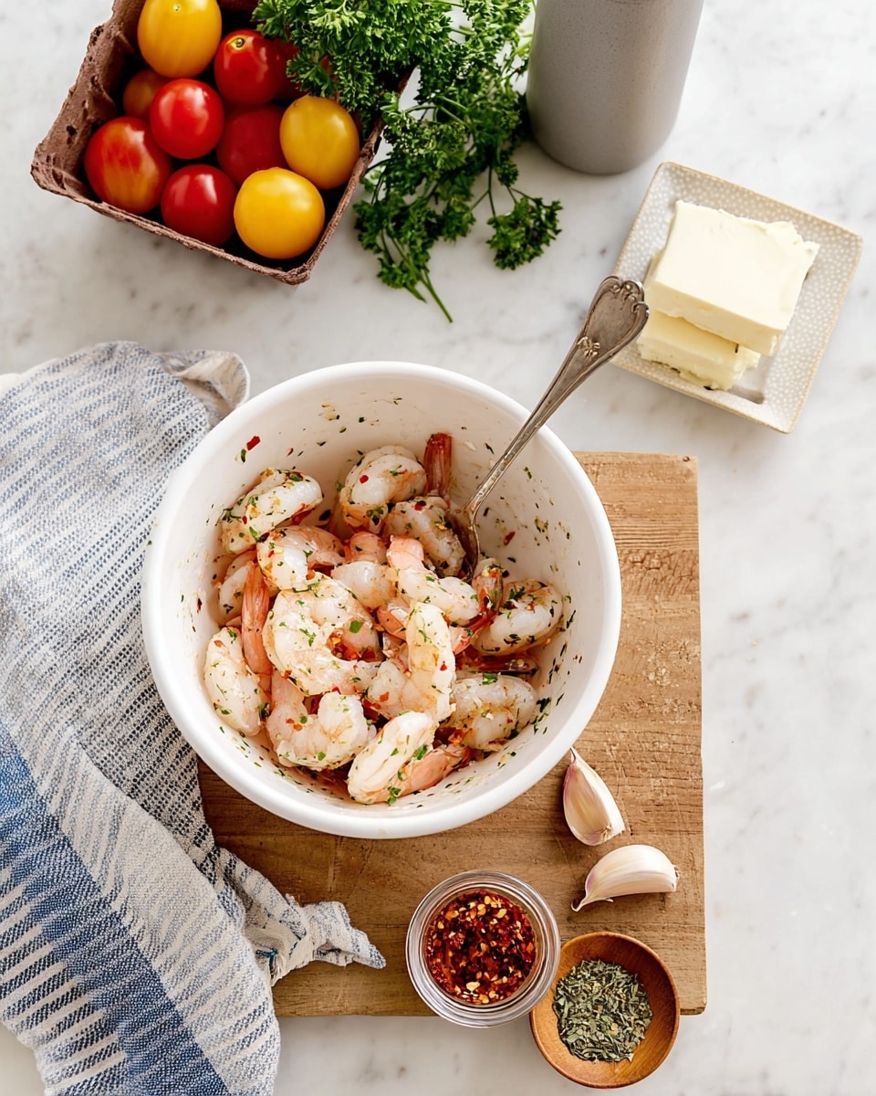 A white bowl filled with raw shrimp marinated with herbs and spices, light pink and white shrimp pieces are scattered with green herb bits and red pepper flakes, a silver spoon rests inside the bowl. To the left on a white marbled surface, there is a small brown container full of yellow and red cherry tomatoes, next to a blue and white striped cloth. Above the tomatoes is a bunch of green parsley. To the right of the bowl, there is a small white dish stacked with white rectangular blocks of cheese next to a tall gray bottle. In the foreground, a small glass jar with red chili flakes and a small wooden bowl with dried green herbs sit alongside two cloves of garlic. All items are placed on a wooden board on a white marbled surface photo taken with an iphone --ar 4:5 --v 7