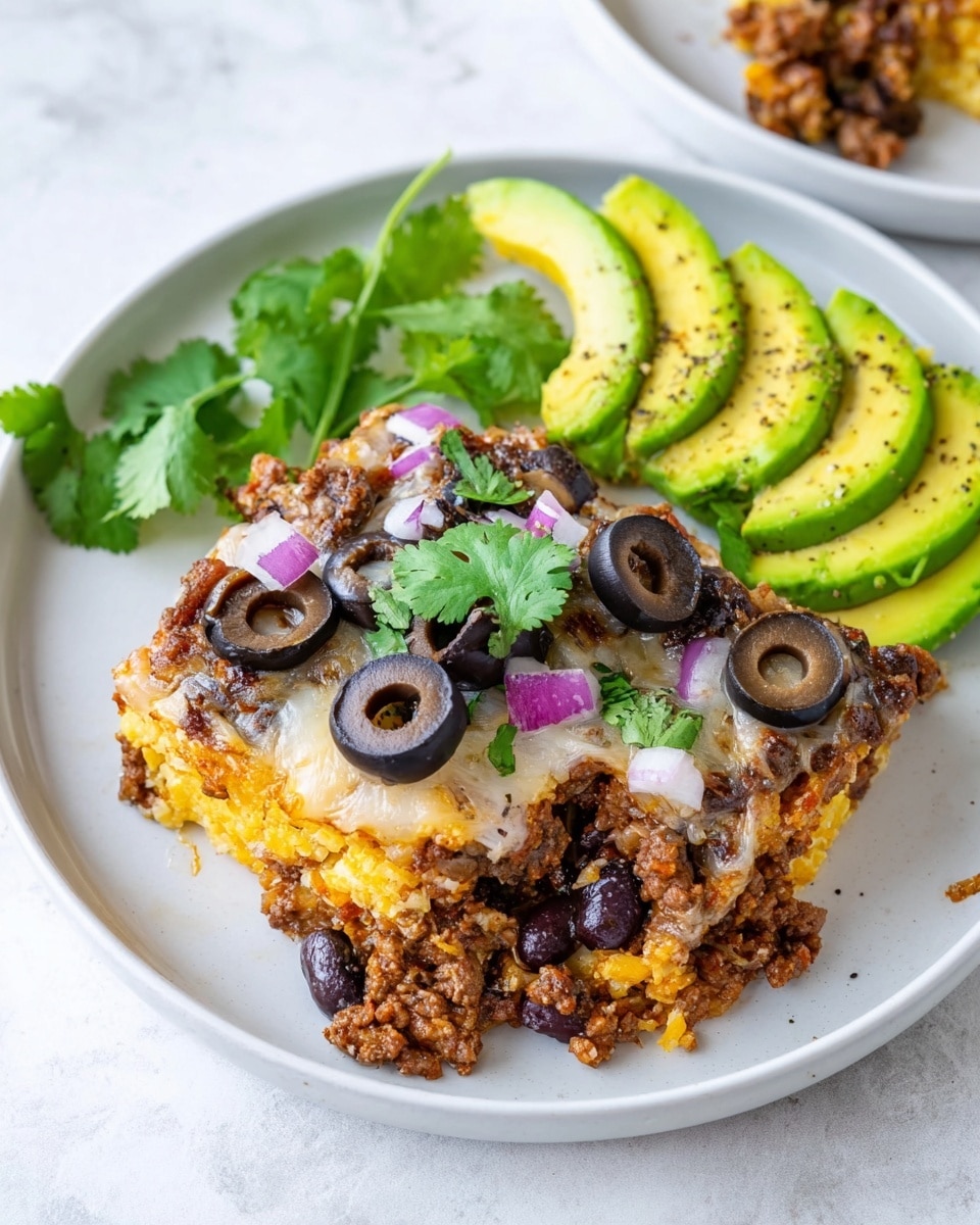 The dish is presented on a white plate with a white marbled background. It has two main parts: a layered casserole and sliced avocado. The casserole is made of at least three layers—a base of yellow cornmeal, a middle of browned ground meat mixed with black beans, and a top layer covered with melted light brown cheese sprinkled with halved black olives, small bits of red onion, and fresh green cilantro leaves. On the side, there are thin slices of bright green avocado arranged in a fan shape, lightly seasoned with black pepper and garnished with a green cilantro leaf. Photo taken with an iphone --ar 4:5 --v 7