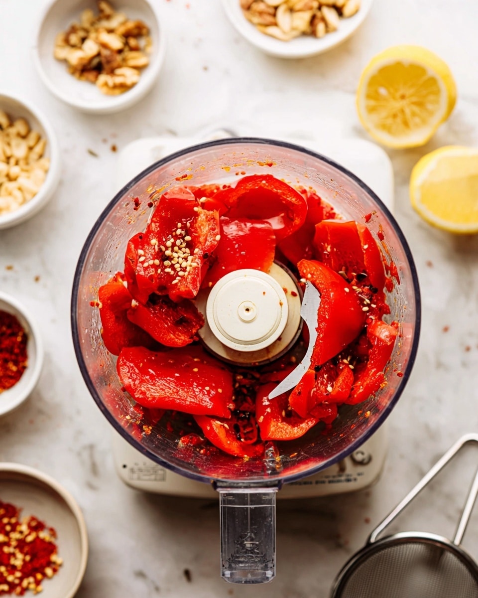 Inside a clear food processor bowl, there are bright red roasted peppers with visible seeds, layered unevenly in the center around the white chopping blade. Surrounding the processor on a white marbled surface are small white bowls containing various ingredients like chopped nuts and spices. To the right side, two pale yellow lemon halves sit close by with a metal sieve nearby. The overall scene is bright and colorful with the focus on the vibrant red peppers inside the processor. Photo taken with an iphone --ar 4:5 --v 7