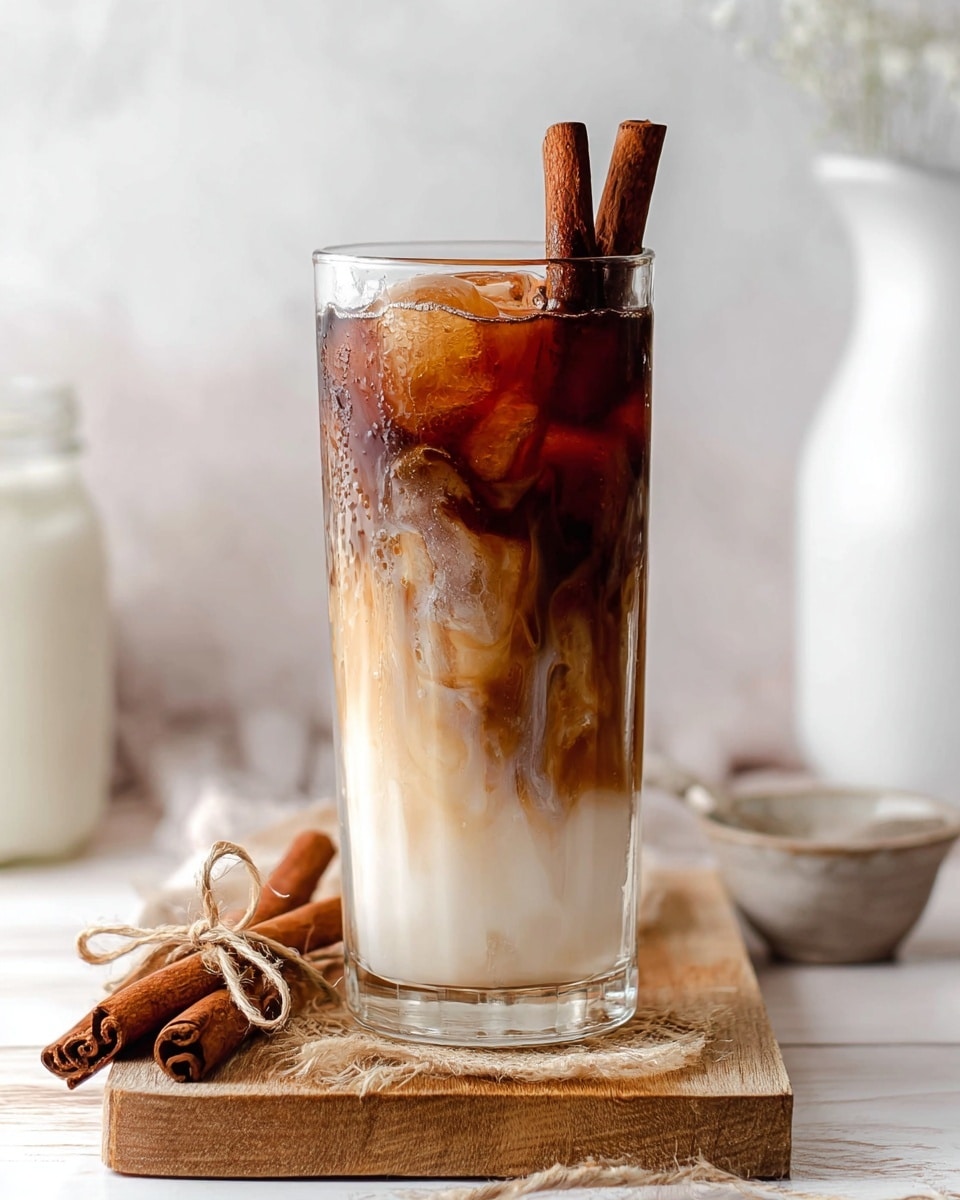 A tall clear glass filled with three visible layers: the bottom layer is white milk with a smooth texture, the middle layer shows brown coffee slowly mixing down creating streaks of dark brown flow in the milk, and the top layer is a dark brown iced coffee with ice cubes floating. Three cinnamon sticks are placed inside the glass, standing upright. The glass sits on a light wooden board that holds several cinnamon sticks tied with thin brown string. The background is a white marbled surface with soft light and blurred objects, including a white jar and a partially visible small bowl. photo taken with an iphone --ar 4:5 --v 7