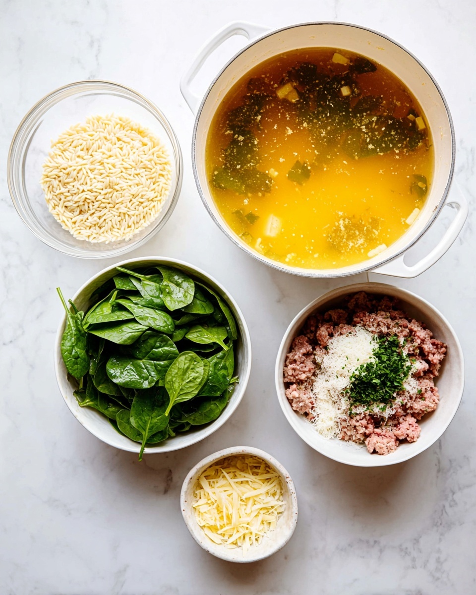 The image shows five containers with different ingredients arranged on a white marbled surface. In the top right is a large white pot filled halfway with a golden broth that has small pieces floating in it. To the left of the pot is a clear glass bowl containing a layer of pale, cooked orzo pasta. Below the glass bowl is a white bowl filled with fresh, dark green spinach leaves layered loosely. At the bottom right is another white bowl with layers of ground meat mixed with white cheese powder and chopped green herbs on top. In the bottom left corner, there is a small white bowl with a light yellow grated cheese. The photo taken with an iphone --ar 4:5 --v 7
