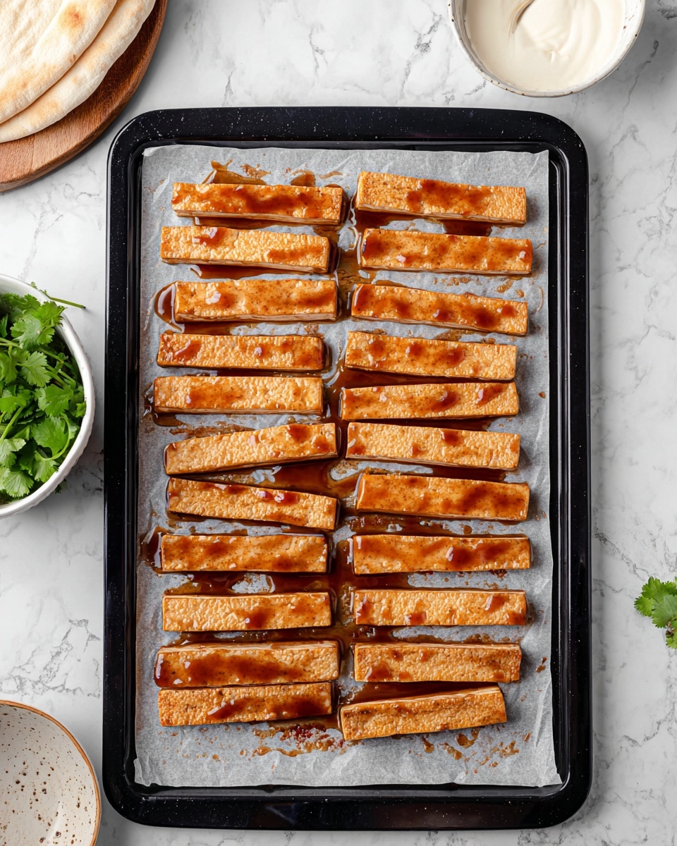 The image shows a black baking tray lined with white parchment paper on a white marbled surface. On the tray, there are 24 pieces of tofu cut into long rectangular strips, arranged neatly in four columns and six rows. The tofu pieces are light beige with a slightly wrinkled texture and are covered with a dark reddish-brown sauce that looks glossy and sticky. The sauce is unevenly spread, with some drops on the parchment paper. Around the tray, there is a small white bowl with fresh green cilantro leaves in the bottom left corner and a white bowl with a white creamy sauce in the top right corner. Part of a white pita bread stack is visible in the top left corner. Photo taken with an iphone --ar 4:5 --v 7