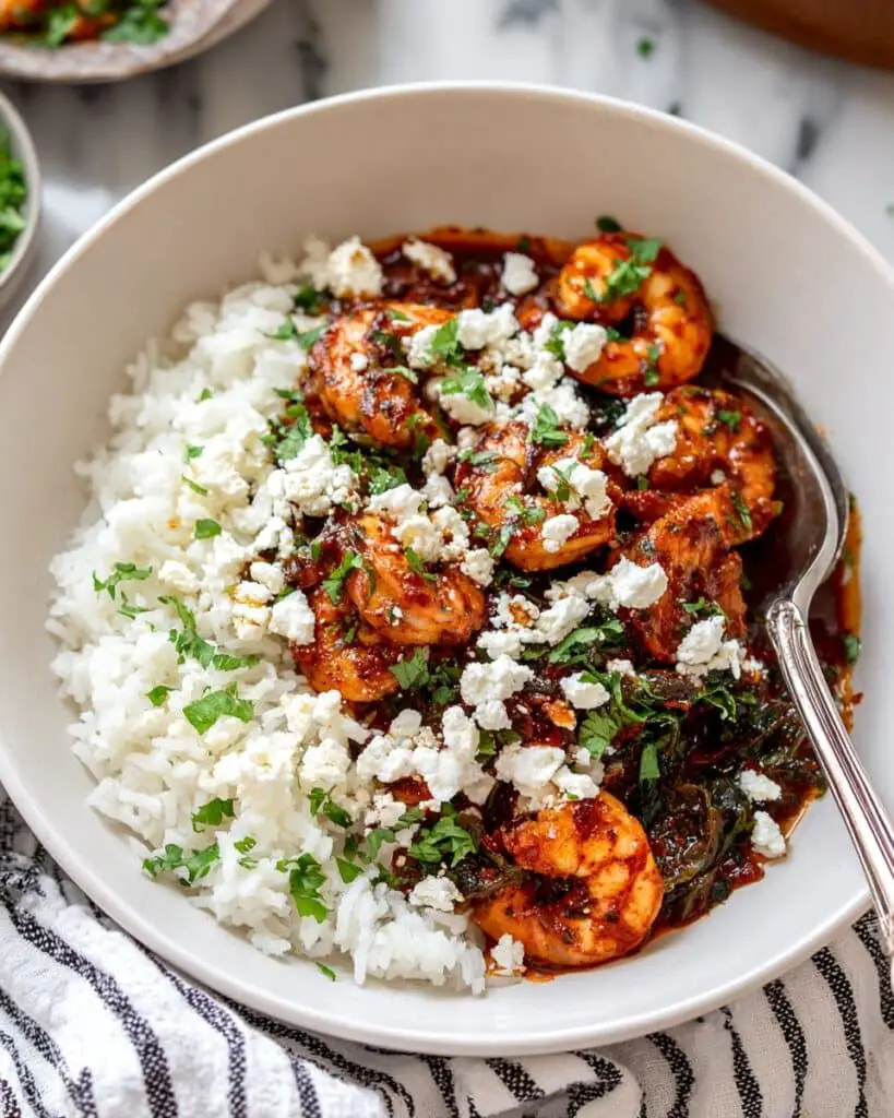 Shrimp with Tomato Sauce, Feta & Rice Recipe