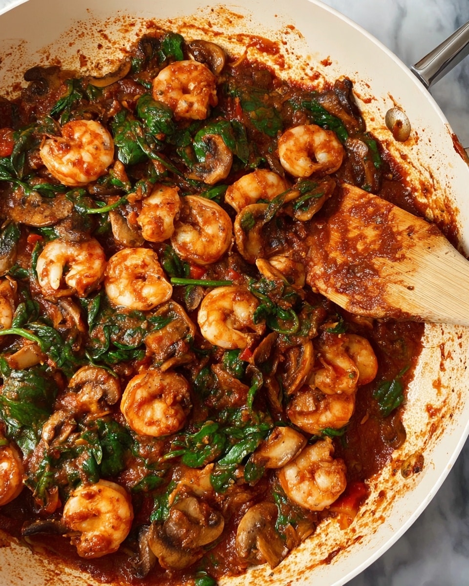 The image shows a close-up of a white pan filled with a cooked dish that has three main layers mixed together: plump orange shrimp, dark brown sautéed mushroom slices, and bright deep green spinach leaves, all coated in a thick reddish-brown tomato-based sauce. The shrimp are scattered evenly throughout, with mushrooms mostly underneath and spinach slightly wilted, giving the dish a textured look. On the right side of the pan, a wooden spatula with some sauce residue rests inside, and the pan sits on a white marbled surface. photo taken with an iphone --ar 4:5 --v 7