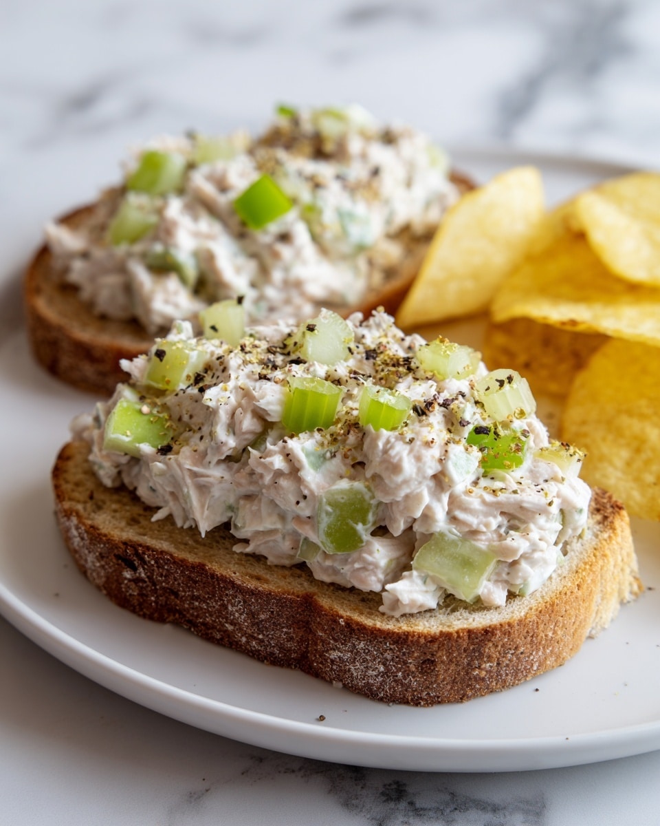 A close-up image of an open sandwich on a single slice of toasted brown bread, topped with a thick spread of light creamy tuna salad mixed with small green celery pieces, sprinkled with coarse black pepper on top, placed on a white plate with a few yellow potato chips visible to the side, all set against a white marbled surface photo taken with an iphone --ar 4:5 --v 7
