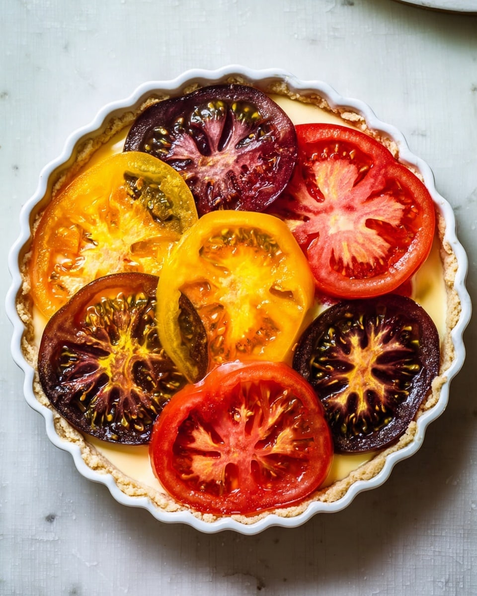 The image shows a white round tart pan filled with a creamy base layer that has a smooth texture and pale yellow color. On top of this base layer, there are two layers of sliced heirloom tomatoes arranged closely together to cover the surface of the tart. The tomato slices have three main colors: bright yellow, deep red, and dark purple with some glossy spots, showing the juicy seed-filled centers and slightly wrinkled edges. The tart pan sits on a white marbled texture that is clean and bright, giving a fresh look to the dish. Photo taken with an iphone --ar 4:5 --v 7