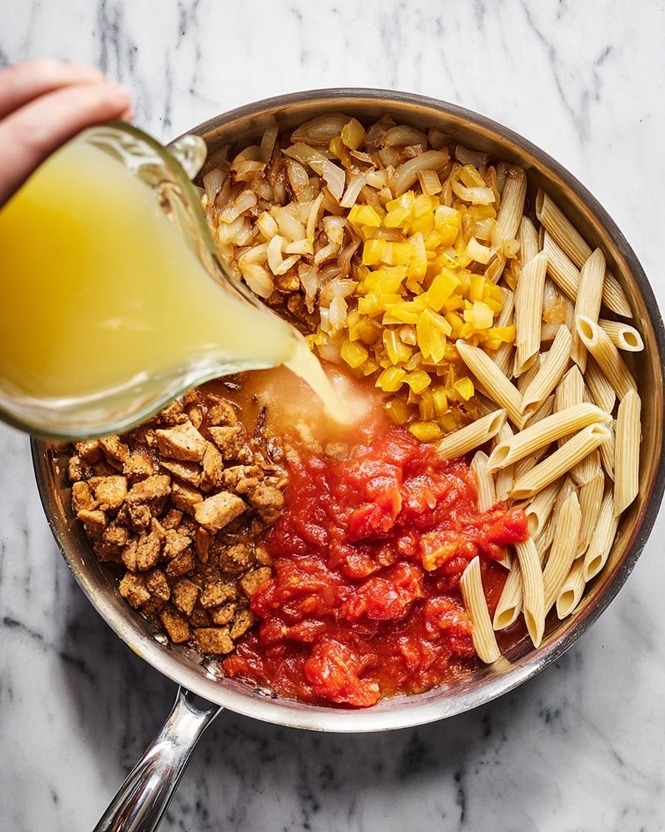 A silver pan on a white marbled surface holds four distinct layers arranged separately: in the bottom left, browned small chunks of meat mixed with small diced onions, next to it on the bottom right, a chunky red tomato sauce with diced yellow pieces, in the top right, dry light beige penne pasta, and above on the top left, a woman's hand is pouring a light yellow liquid from a glass measuring cup into the pan. The pan has a shiny metal handle and side handle, with steam rising slightly from the ingredients. Photo taken with an iphone --ar 4:5 --v 7