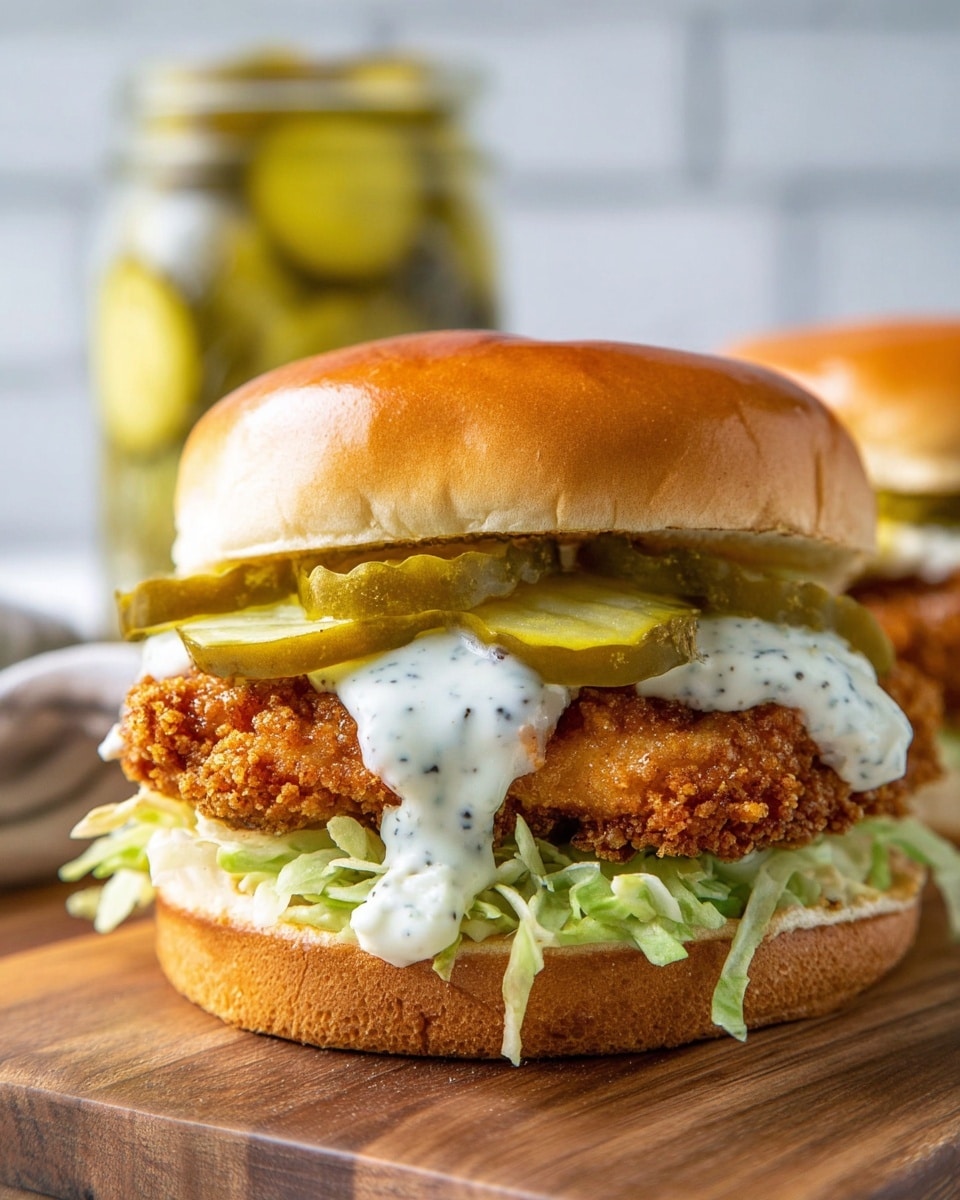 Two sandwiches are placed on a wooden board over a white marbled textured surface. Each sandwich has a soft golden-brown bun on top, followed by a dollop of white sauce with herbs, three bright green pickle slices, a dark brown crispy fried chicken patty, shredded light green lettuce, and the bottom bun. In the background, there is a jar filled with more pickle slices and a white bowl filled with pretzels. Photo taken with an iphone --ar 4:5 --v 7