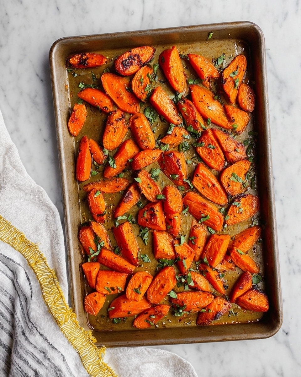 In the image, there is a baking tray filled with roasted carrot pieces scattered evenly, each piece showing a bright orange color with some charred spots on the edges for texture. The carrot pieces vary in size and shape, some are cut into thick slices and others into smaller chunks, all garnished with small green herb leaves sprinkled on top. The tray is placed on a white marbled surface, and a striped cloth with a yellow-edged hem is positioned at the bottom left corner of the tray. The lighting highlights the glistening surface of the roasted carrots. photo taken with an iphone --ar 4:5 --v 7