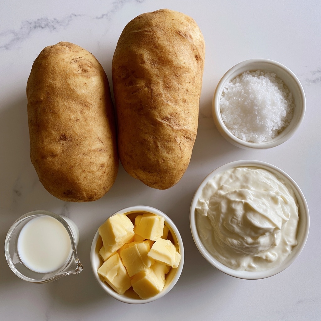 Three large light brown russet potatoes with a rough texture are placed on a white marbled surface. Below the potatoes, there are four small white bowls arranged in a loose semi-circle. The top right bowl contains coarse white salt. The bottom right bowl holds creamy, thick white sour cream. The bottom left bowl is filled with several cubes of yellow butter. The top left container, a small clear measuring cup, holds white half & half or milk. The names of each item are labeled in simple black text on white background overlays near the respective ingredients. Photo taken with an iphone --ar 4:5 --v 7