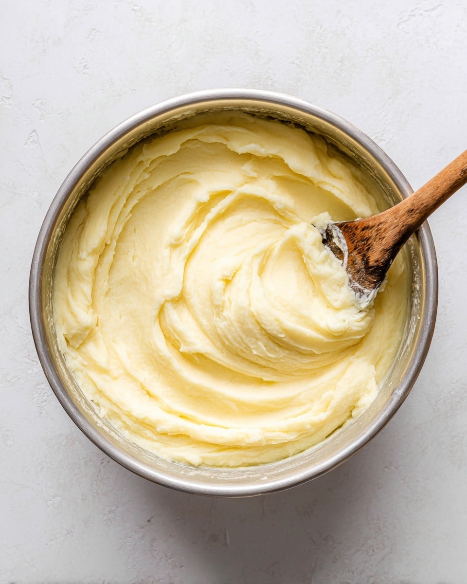 A shiny silver bowl filled with creamy mashed potatoes showing soft, smooth, and thick texture with gentle swirls and ridges across the top. A wooden spoon with a rounded edge is partially dipped into the mashed potatoes on the right side of the bowl, with some mashed potatoes clinging to it. The bowl rests on a white marbled surface that adds subtle texture to the background. photo taken with an iphone --ar 4:5 --v 7