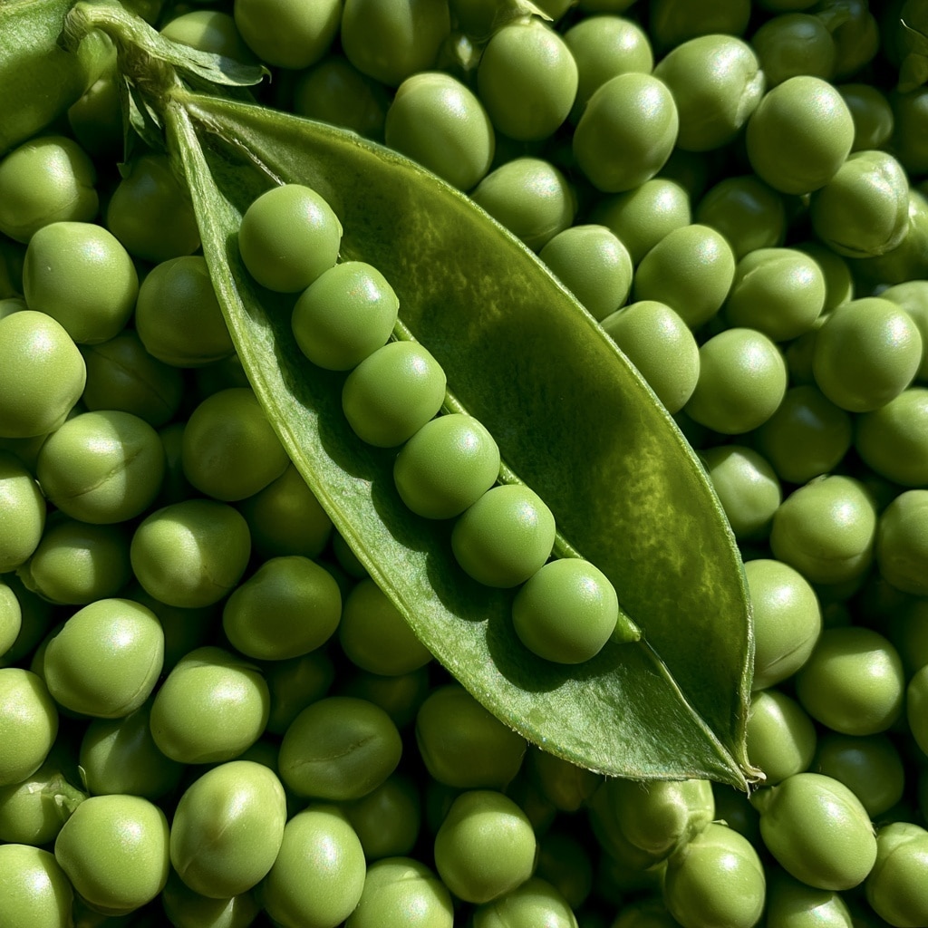 A close-up image of fresh green peas with one pea pod open showing a single row of small, round, bright green peas inside, surrounded by many more round peas creating a textured green background. The peas look smooth and shiny, and the lighting highlights their fresh, natural color. The background has a white marbled texture. Photo taken with an iphone --ar 4:5 --v 7