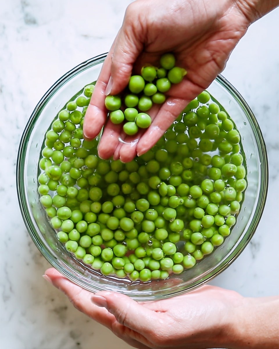 A clear glass bowl is filled with bright green peas soaking in clear water, with one woman's hand holding a small bunch of peas above the bowl, and the other woman's hand resting on the side of the bowl. The bowl sits on a white marbled surface. The peas are round and fresh looking, vibrant in color with smooth texture. photo taken with an iphone --ar 4:5 --v 7