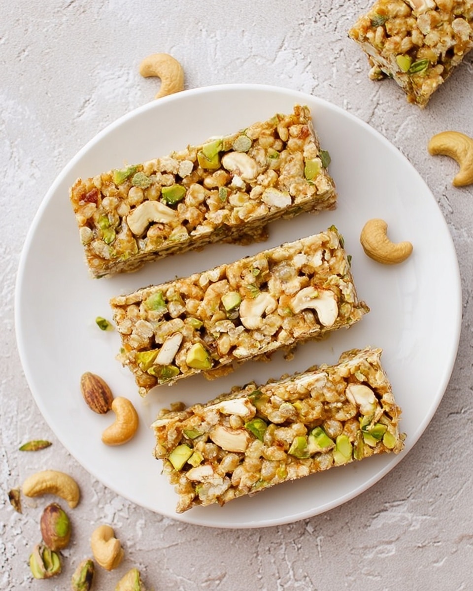 Four crunchy granola bars sit on a white plate placed on a white marbled textured surface. Each bar is rectangular, filled with visible layers of oats, cashew nuts, green pistachios, and puffed rice all tightly packed together with a golden-brown syrup binding them. The bars have a rough texture with bits of nuts peeking out, showing a mix of light tan, white, and green colors. Some loose cashew nuts and pistachios are scattered around the plate on the surface. Photo taken with an iphone --ar 4:5 --v 7