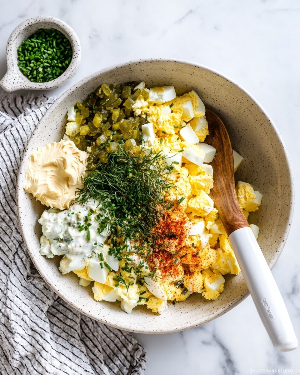 A large white speckled bowl holds a mixture with multiple layers: large chunks of yellow and white chopped boiled eggs form the base on two sides, next to a pile of finely chopped green pickles, a dollop of pale yellow mustard, and a scoop of white mayonnaise. Fresh green herbs, including chopped chives and dill, lie sprinkled in the center along with a dusting of red paprika and black pepper. A wooden spoon with a white silicone head rests inside the bowl. The bowl sits on a white marbled surface with a small white speckled cup filled with chopped green chives next to it and a white and black striped cloth partially under the bowl. Photo taken with an iphone --ar 4:5 --v 7
