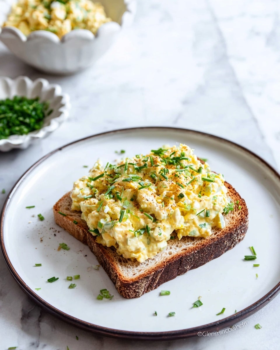 A thick slice of toasted brown bread sits on a white plate with a thin dark rim. On top of the toast, there are two layers of creamy, chunky egg salad with a pale yellow color, speckled with green herbs and black pepper. The egg salad looks soft and mixed with small pieces of green onion. Some fresh green herbs are spread lightly on the plate around the toast. In the background, there is a white bowl with a similar egg salad and a white bowl edged with a scalloped pattern holding chopped green herbs. The whole scene is on a white marbled surface. Photo taken with an iphone --ar 4:5 --v 7
