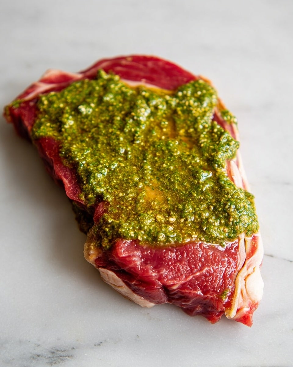 A single slice of raw red meat lies on a white marbled surface, covered thickly with a green sauce that has a textured look with small bits in it, spread unevenly over the top. The sauce covers most of the meat, leaving only some of the bright red edges showing. The meat has a mix of darker and lighter red colors with some pale fat visible around the edges. The photo taken with an iphone --ar 4:5 --v 7