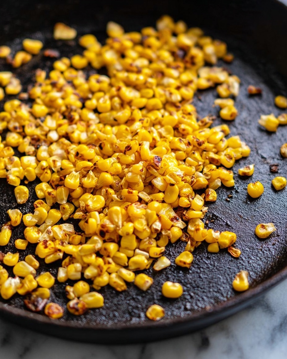 A close-up view of a black cast iron pan filled with cooked corn kernels, mostly scattered around with some in a small heap near the center. The corn is bright yellow with some pieces showing light brown spots from cooking, giving a slightly toasted look. The pan's surface is dark and textured, with some small burnt bits around the corn. The background is a white marbled texture. Photo taken with an iphone --ar 4:5 --v 7