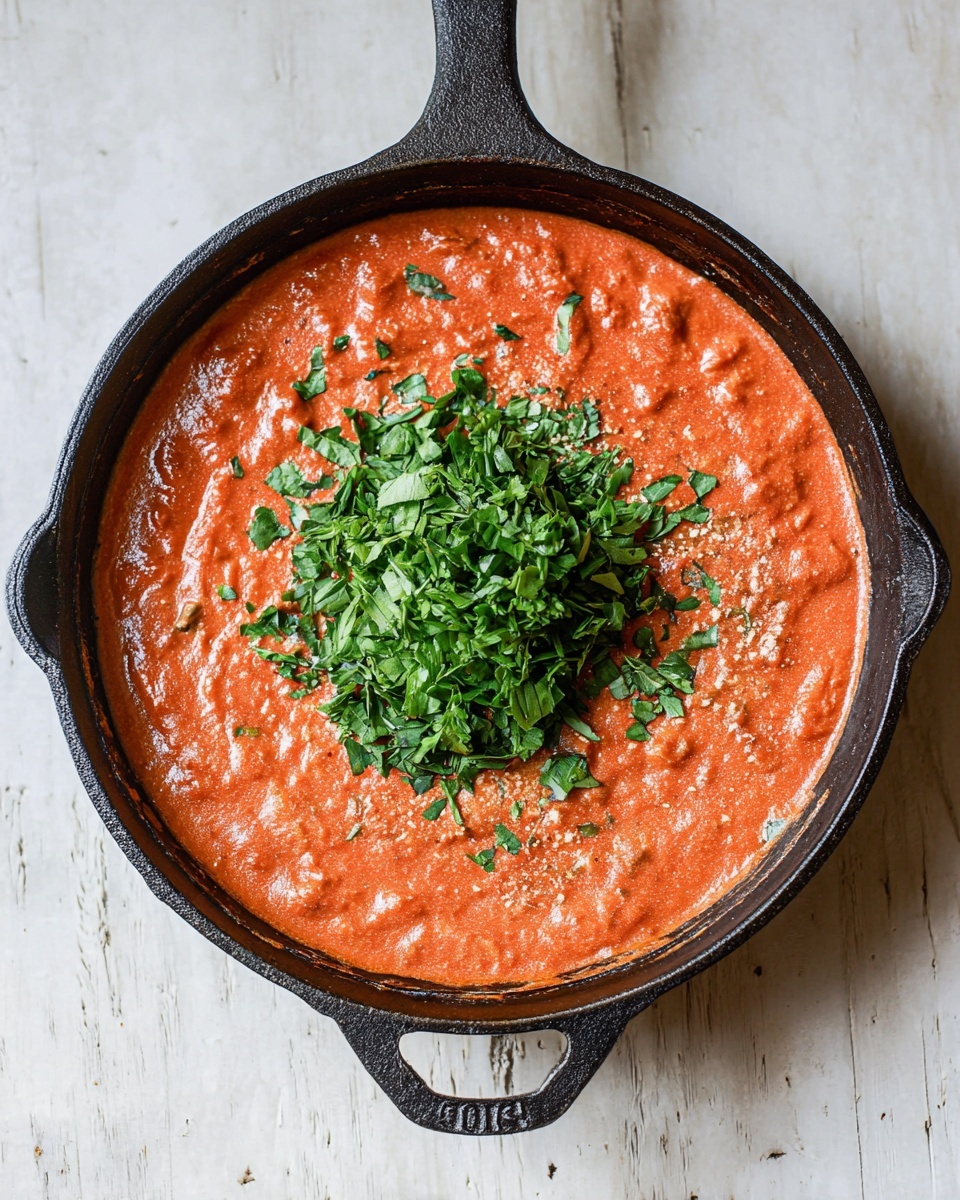 A top view of a black cast iron pan filled with a thick, light red sauce that has a slightly chunky texture, topped with a small pile of finely chopped fresh green herbs in the center; the pan rests on a white marbled textured surface showing slight wear and natural marks. photo taken with an iphone --ar 4:5 --v 7