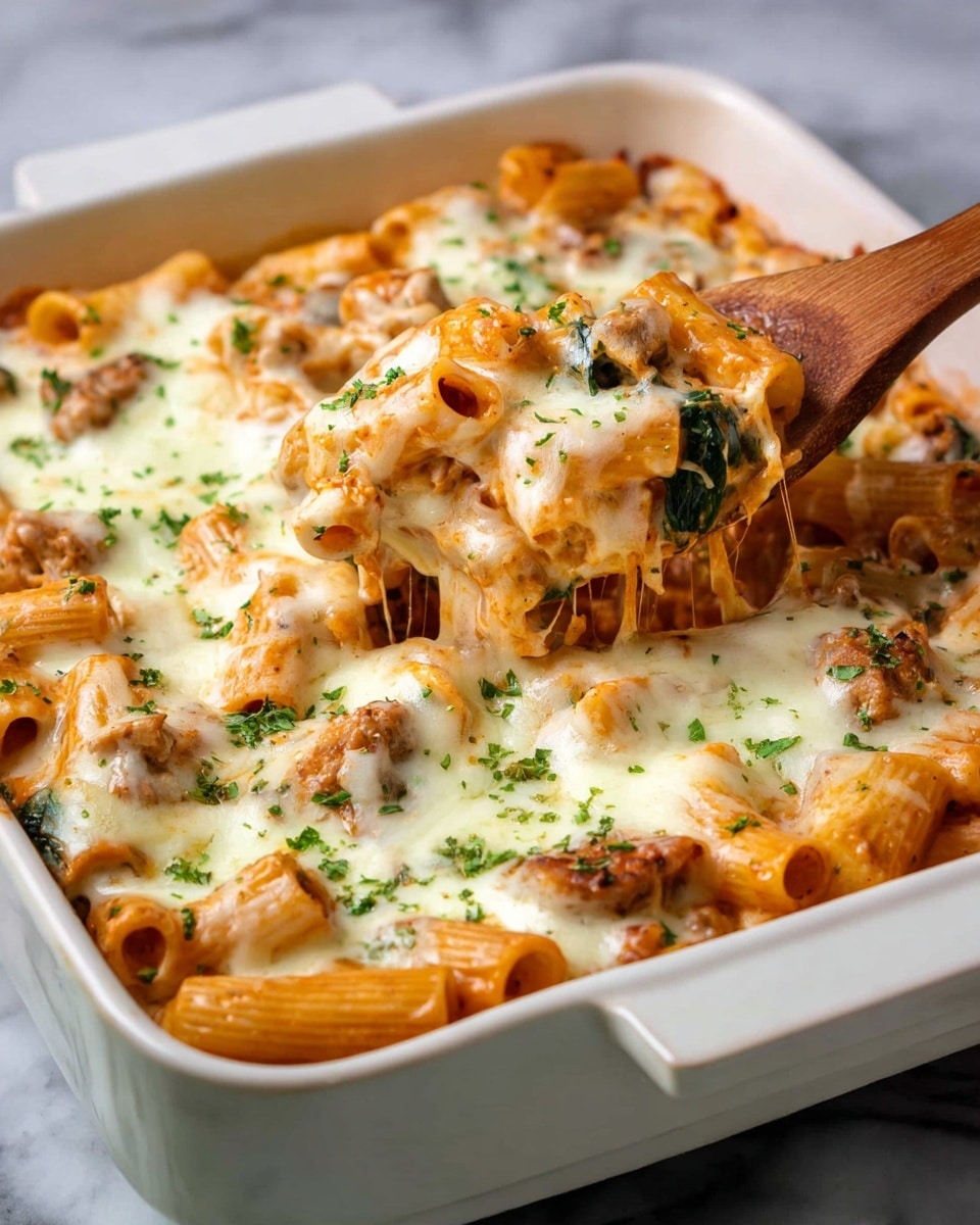 This image shows a baked pasta dish in a white ceramic square baking dish with handles. The dish has several layers: the bottom layer is pasta tubes coated in a creamy, light orange sauce. Scattered on top and mixed through are pieces of browned meat and wilted green spinach. The whole dish is covered with melted white cheese that bubbles and stretches in places. Small green herb sprinkles are scattered evenly on the surface, adding bright contrast. A wooden spoon is lifting a spoonful of the cheesy, saucy pasta, revealing the creamy texture underneath. The dish is set on a white marbled surface. photo taken with an iphone --ar 4:5 --v 7
