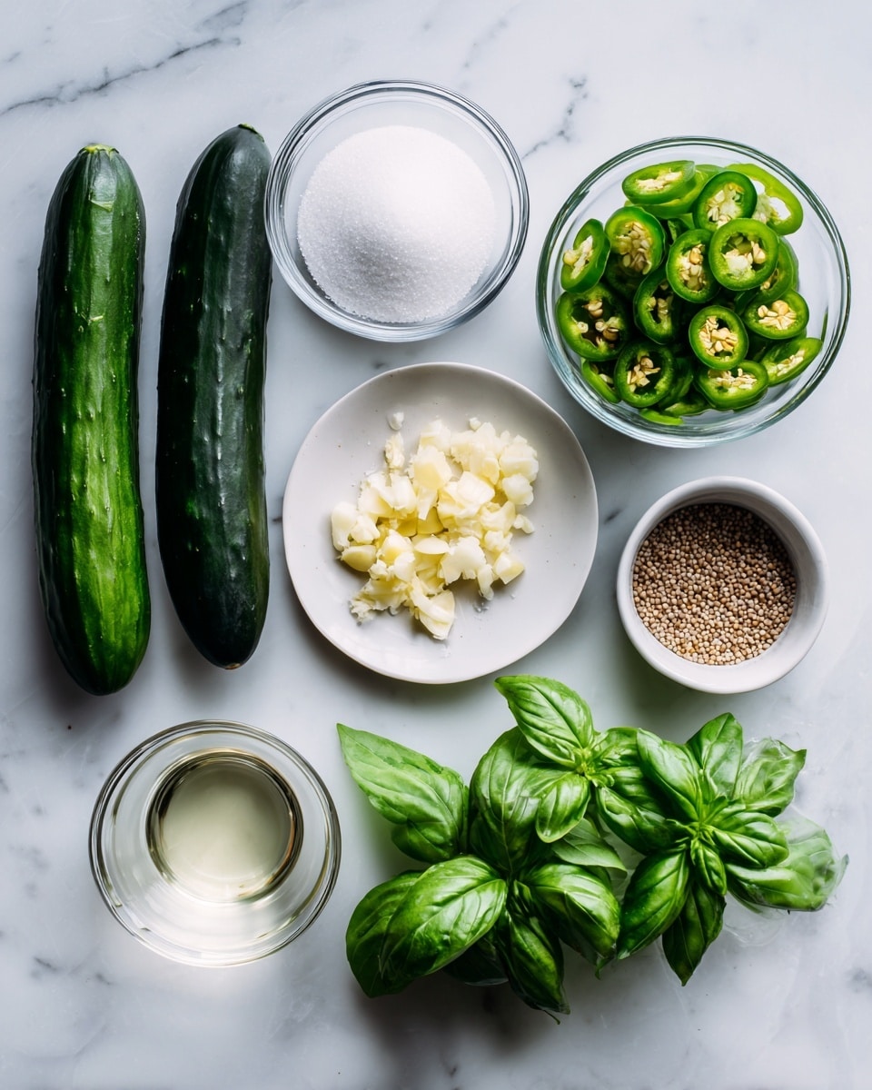 The image shows fresh ingredients placed on a white marbled surface. There are two long dark green cucumbers on the left. Near the top center, there is a clear glass bowl filled with white sugar. To its right, another clear glass bowl holds sliced jalapenos, showing light green and yellowish tones. Below the sugar, a small white plate has minced garlic, small light yellow pieces, with salt next to it, appearing as fine white grains on the plate. To the right, coriander seeds sit on a white plate, their round shapes in light brown color. At the bottom left, a clear glass bowl contains clear vinegar. At the bottom right, a bunch of fresh basil leaves with bright green color and visible veins is arranged. photo taken with an iphone --ar 4:5 --v 7
