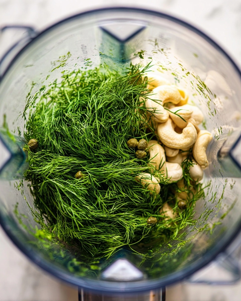 A close-up top view of a clear blender jar containing a mix of ingredients: a dense green leafy bunch of fresh dill on the right side, light beige cashew nuts beneath and to the left, and some small capers scattered mostly under the dill but visible through the jar. The ingredients have a fresh and natural texture, and the jar shows measurement markings on its clear surface, all set against a white marbled texture background. photo taken with an iphone --ar 4:5 --v 7