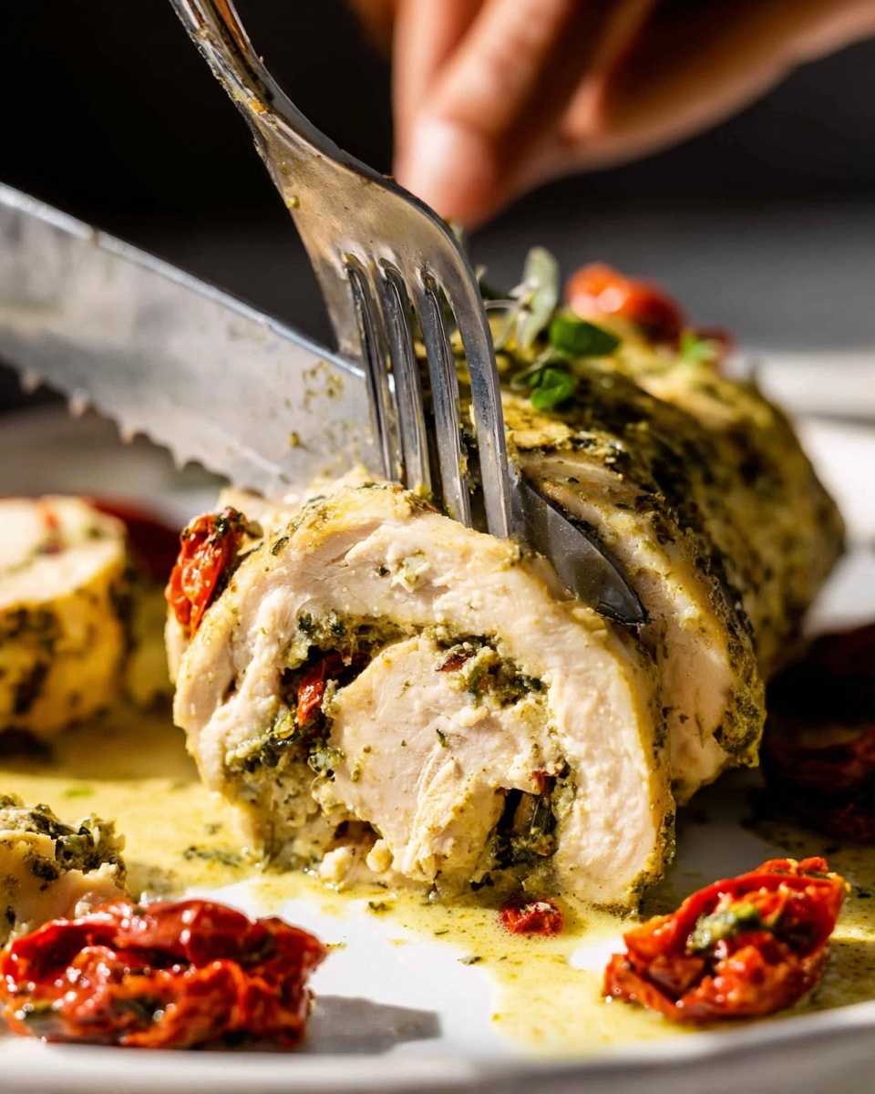 A close-up view of a rolled chicken dish on a white plate with a white marbled texture in the background. The chicken roll has three layers: the outer layer is cooked chicken with a yellow-green herb sauce coating, the middle layer shows white chicken meat, and the inner layer has dark green herbs mixed with small pieces of red sun-dried tomatoes. A woman's hand is holding a fork pressing into the top part of the chicken roll, while a serrated knife cuts into the side. Around the plate, there are extra pieces of sun-dried tomatoes and green herbs in the sauce. The lighting is warm and soft, highlighting the textures and colors of the dish photo taken with an iphone --ar 4:5 --v 7