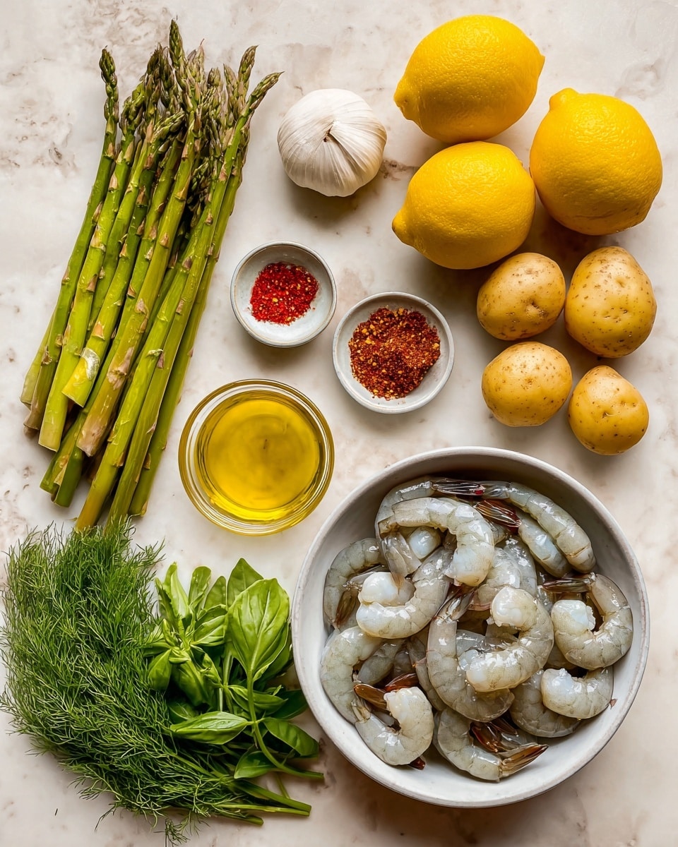 The image shows fresh ingredients arranged neatly on a white marbled surface, including a bunch of green asparagus on the left, a cluster of small yellow potatoes below it, and a white bowl filled with raw grey shrimp with tails on the bottom right. Above the shrimp bowl are two bright yellow lemons and fresh green herbs like basil and dill. In the center are three garlic cloves next to a small round white bowl divided into sections holding red chili flakes, black pepper, salt, paprika, and garlic powder. A small glass cup containing golden olive oil sits in the middle of the setup. The colors of the ingredients contrast well against the clean white marbled background. photo taken with an iphone --ar 4:5 --v 7