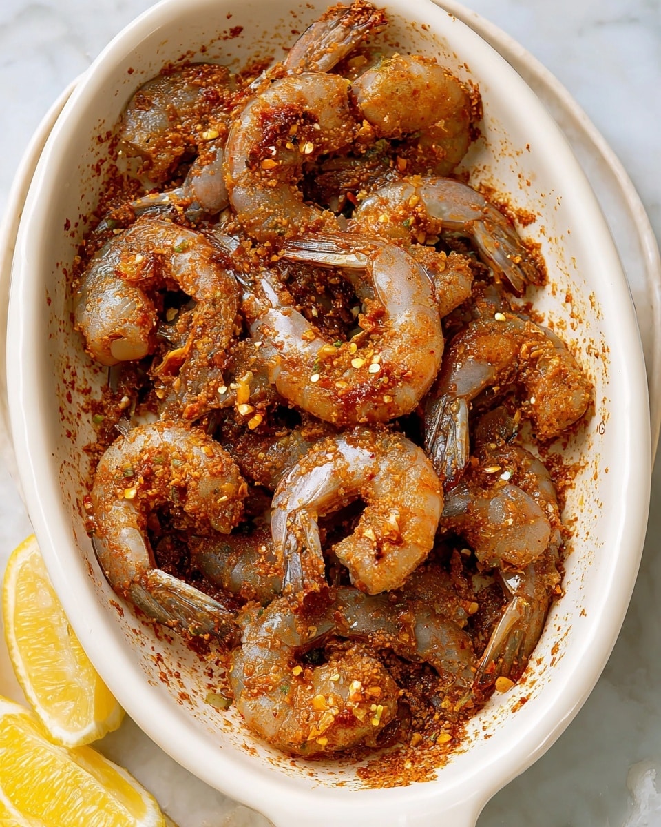 The image shows a white oval dish filled with about a dozen raw shrimp that are coated in a reddish-brown spice mix with visible pieces of minced garlic and chili flakes. The shrimp have a translucent gray color with curled shapes and darker tails, all closely packed within the dish. The spice mix spreads lightly on the inside edges of the dish, adding texture and color contrast. The dish is set on a white marbled surface with small lemon wedges visible at the bottom left corner. Photo taken with an iphone --ar 4:5 --v 7