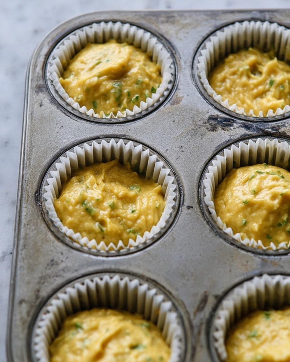 The image shows a close-up of a metal muffin tray holding six cupcake liners filled with thick, yellowish batter mixed with small green bits. Each liner is white and has a crinkled texture, filled almost to the top with the smooth batter, which looks slightly shiny and lumpy. The muffin tray has a worn, slightly scratched surface, casting soft reflections, and the background is a white marbled texture. Photo taken with an iphone --ar 4:5 --v 7