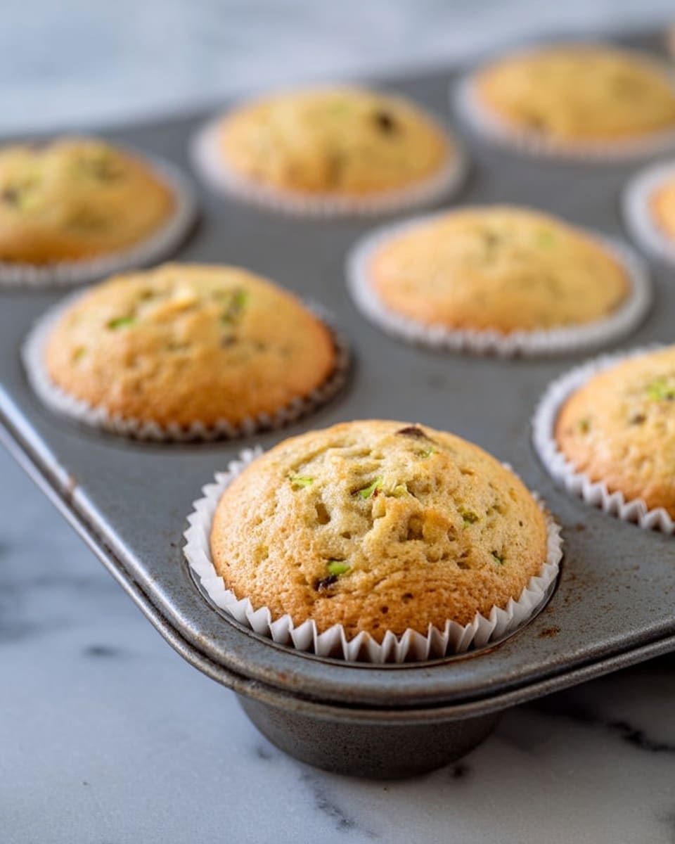 The image shows a metal muffin tray filled with round muffins, each in white paper liners. The muffins are golden brown on top with a slightly cracked, soft texture. You can see small pieces of green and brown mixed inside the muffins, giving a speckled look. The tray is placed on a white marbled surface that is smooth and clean. One muffin is centered in focus in the foreground, showing the detailed top texture clearly, while the rest are slightly blurred in the background. photo taken with an iphone --ar 4:5 --v 7