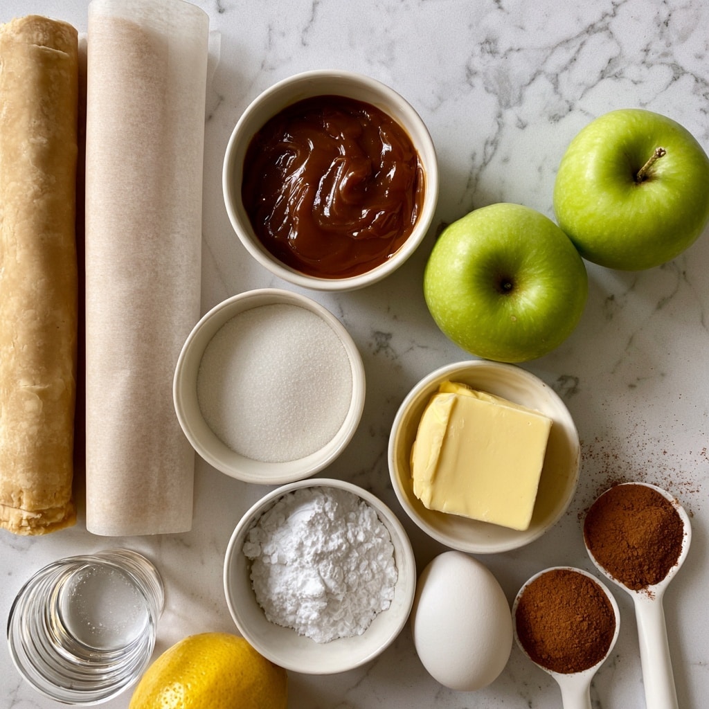 The image shows ingredients arranged neatly on a white marbled surface. On the left, there are two rolled pie crusts wrapped in light parchment paper. Near the center, there is a small white bowl filled with smooth, shiny caramel sauce in a rich brown color. Below it is another white bowl with fine white sugar. To the right of the caramel, two green apples with a bright and fresh look sit side by side. Near the bottom center, a white bowl contains white cornstarch, and next to it is a white bowl with a pale yellow block of butter. A white bowl holds a single white egg, and a white spoon contains brown cinnamon powder. There is also a small clear glass cup filled with water and a bright yellow lemon at the bottom left. Each element is clearly labeled with bold black text on a white background. photo taken with an iphone --ar 4:5 --v 7